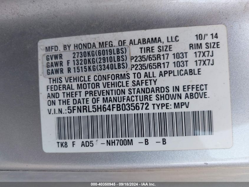 2015 Honda Odyssey Ex-L VIN: 5FNRL5H64FB035672 Lot: 40350945