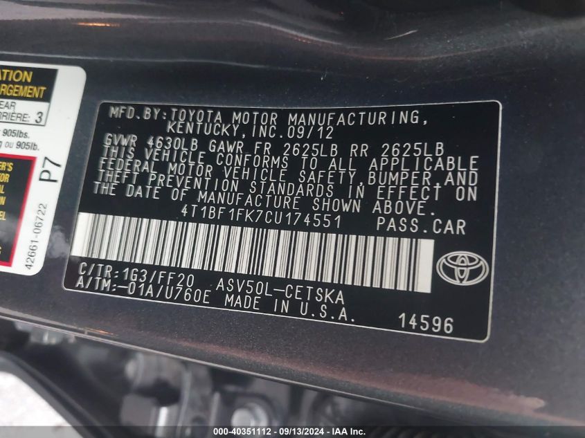 2012 Toyota Camry Se VIN: 4T1BF1FK7CU174551 Lot: 40351112