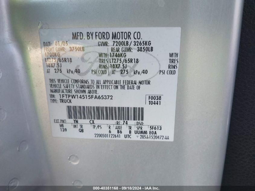 1FTPW14515FA65372 2005 Ford F-150 Fx4/Lariat/Xlt