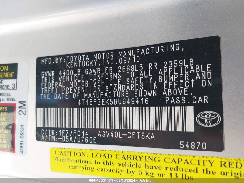 4T1BF3EK5BU649416 2011 Toyota Camry Se