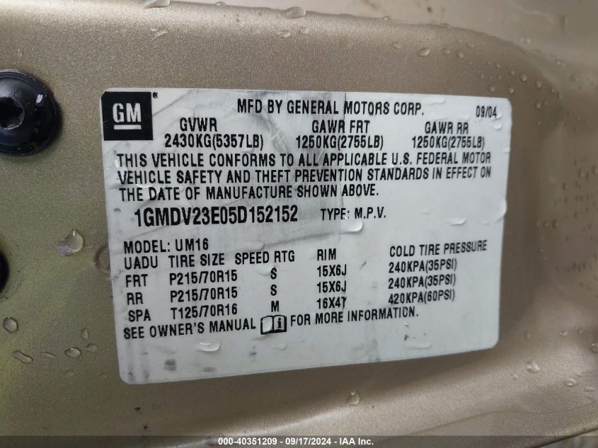 1GMDV23E05D152152 2005 Pontiac Montana M16 W/1Sa Pkg.