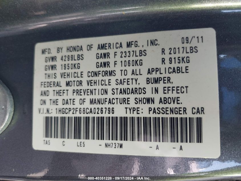 1HGCP2F68CA026796 2012 Honda Accord 2.4 Se