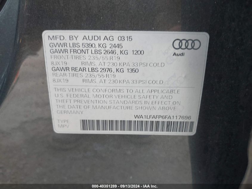 2015 Audi Q5 2.0T Premium VIN: WA1LFAFP6FA117696 Lot: 40351289