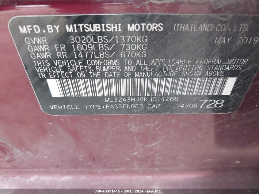 2019 Mitsubishi Mirage Es VIN: ML32A3HJ6KH014268 Lot: 40351415