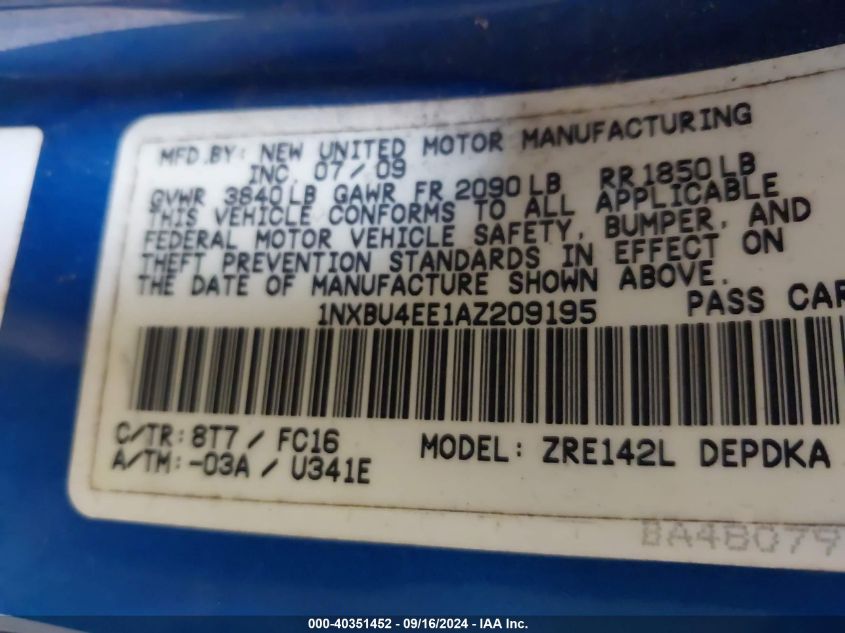 2010 Toyota Corolla Le VIN: 1NXBU4EE1AZ209195 Lot: 40351452