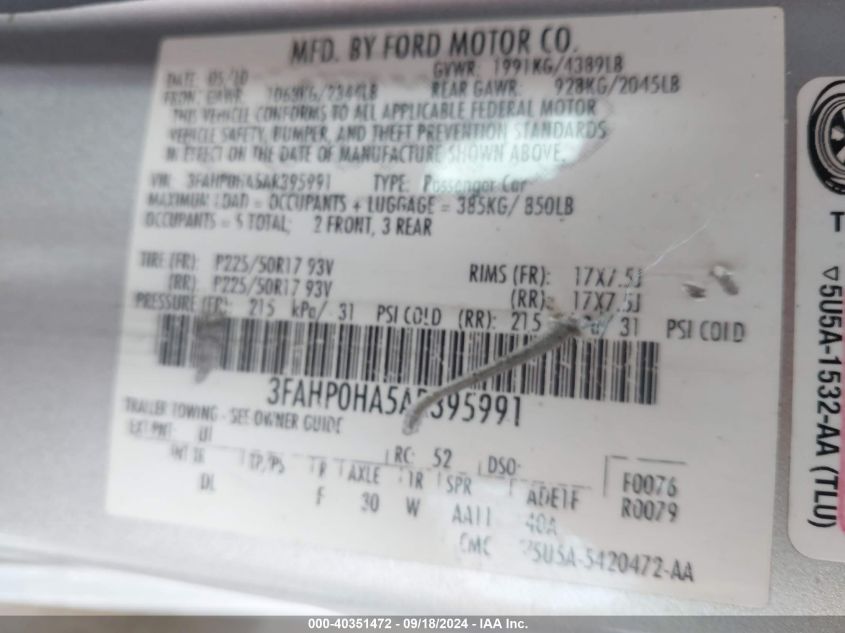 2010 Ford Fusion Se VIN: 3FAHP0HA5AR395991 Lot: 40351472