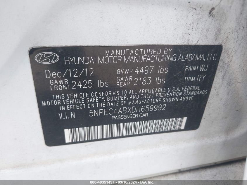 2013 HYUNDAI SONATA LIMITED 2.0T - 5NPEC4ABXDH659992