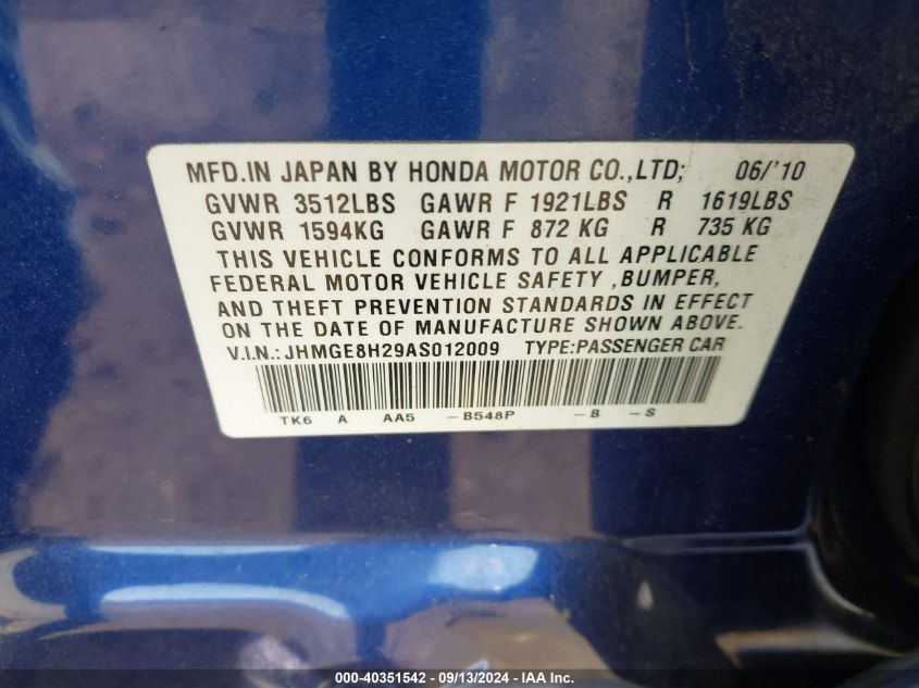 2010 Honda Fit VIN: JHMGE8H29AS012009 Lot: 40351542