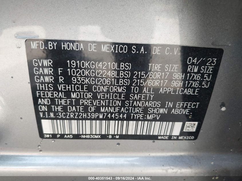 3CZRZ2H39PM744544 2023 Honda Hr-V Awd Lx