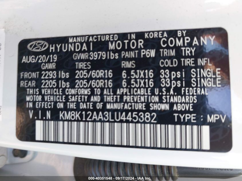 2020 Hyundai Kona Se VIN: KM8K12AA3LU445382 Lot: 40351548