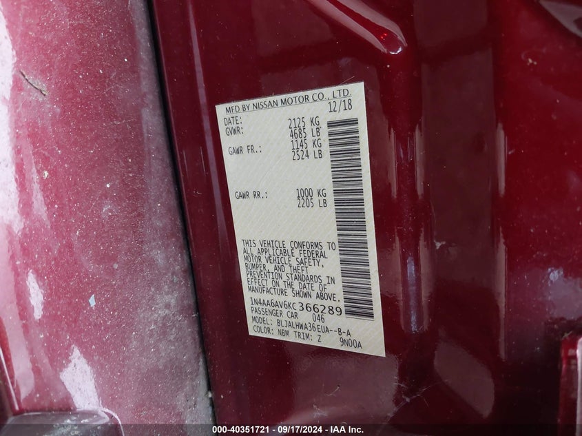 2019 NISSAN MAXIMA 3.5 PLATINUM - 1N4AA6AV6KC366289