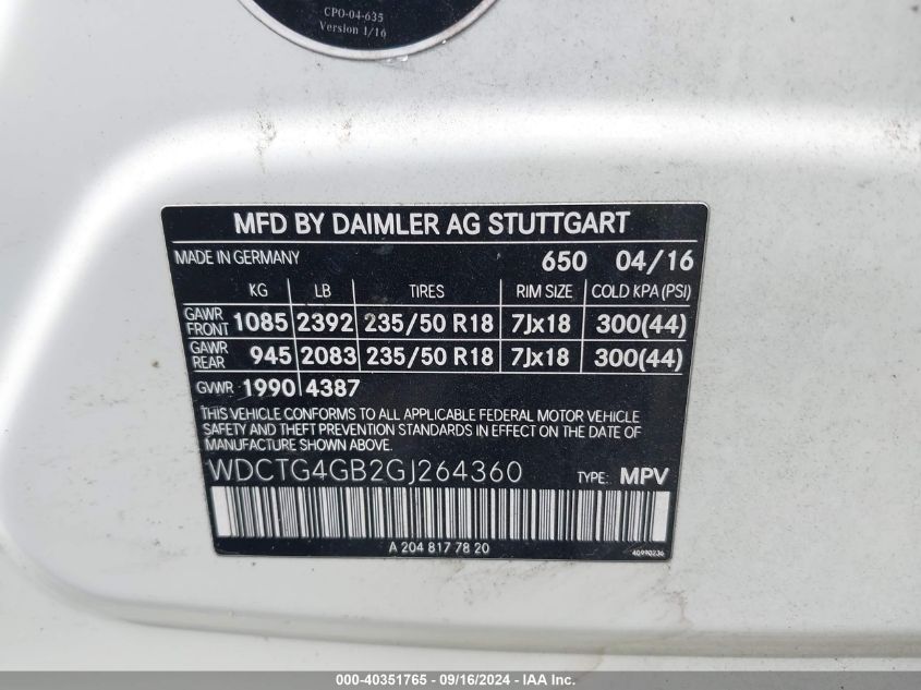 WDCTG4GB2GJ264360 2016 Mercedes-Benz Gla 250 250 4Matic