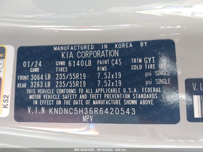 2024 Kia Carnival Ex VIN: KNDNC5H36R6420543 Lot: 40351825