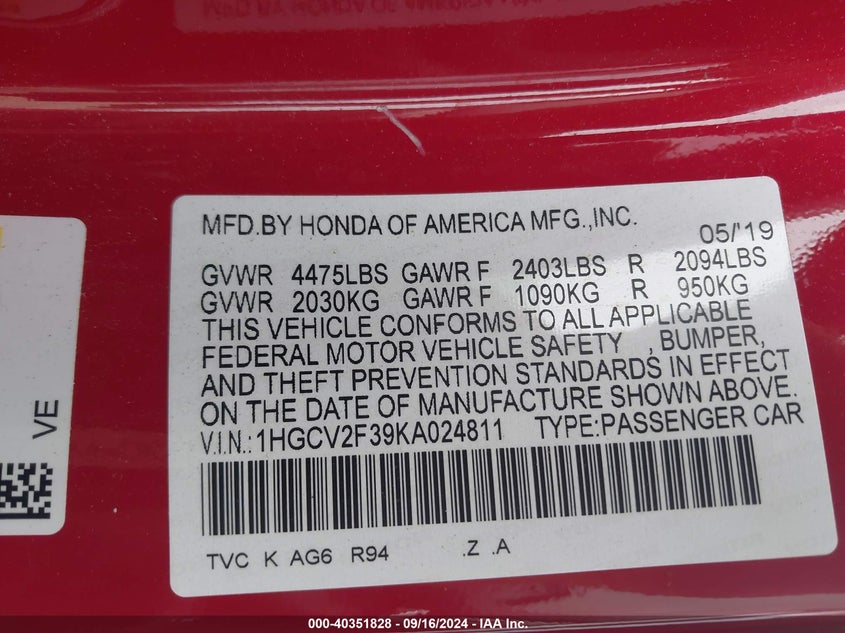 VIN 1HGCV2F39KA024811 2019 HONDA ACCORD SPORT 2.0T