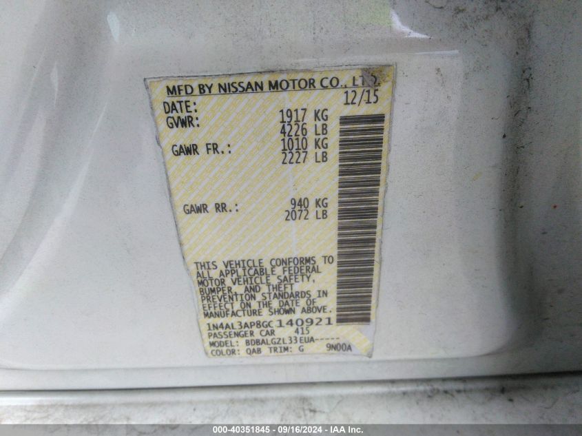 1N4AL3AP8GC140921 2016 Nissan Altima 2.5 S