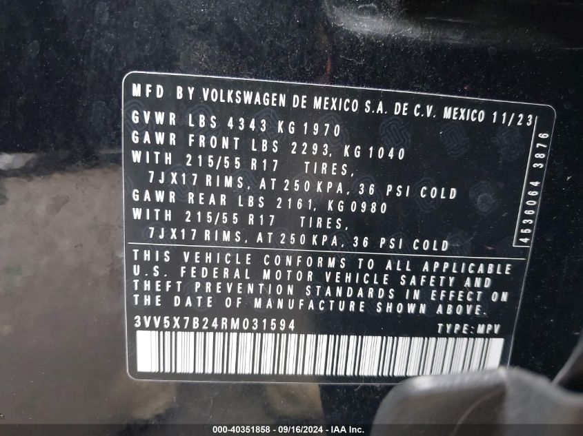 2024 Volkswagen Taos 1.5T S VIN: 3VV5X7B24RM031594 Lot: 40351858