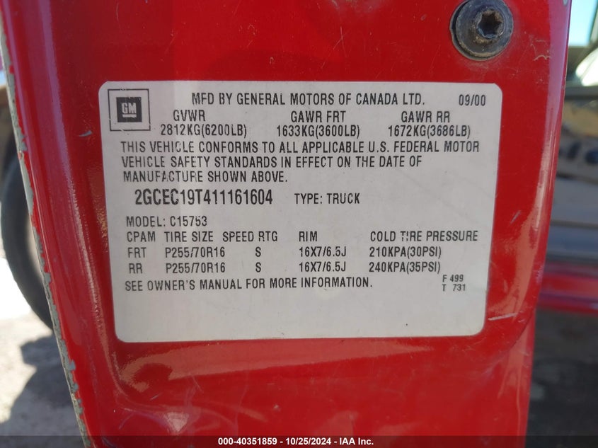 2001 Chevrolet Silverado 1500 Lt VIN: 2GCEC19T411161604 Lot: 40351859