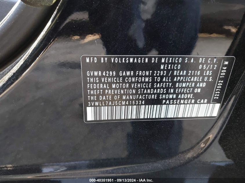 3VWLL7AJ5CM415334 2012 Volkswagen Jetta 2.0L Tdi