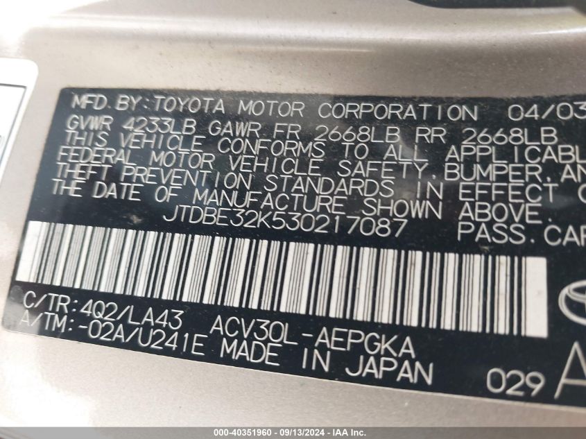 JTDBE32K530217087 2003 Toyota Camry Le/Se/Xle