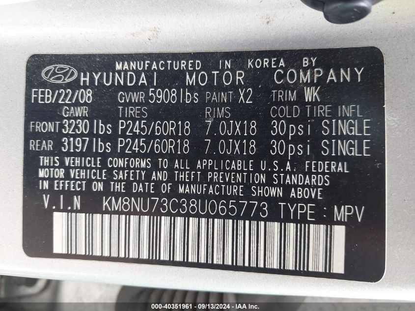 KM8NU73C38U065773 2008 Hyundai Veracruz Gls/Limited/Se