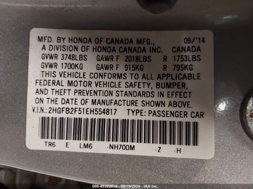 2HGFB2F51EH554817 2014 Honda Civic Lx