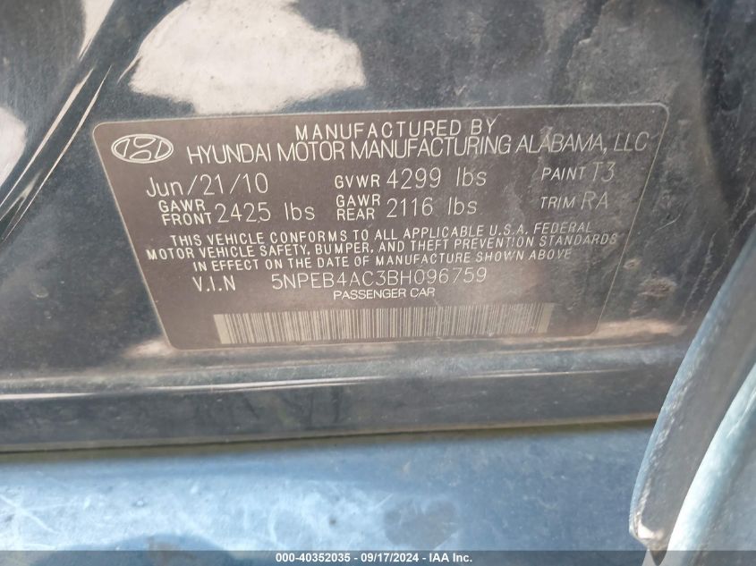 5NPEB4AC3BH096759 2011 Hyundai Sonata Gls