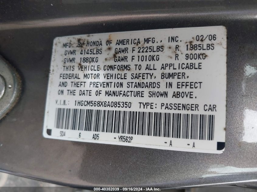 1HGCM568X6A085350 2006 Honda Accord 2.4 Ex