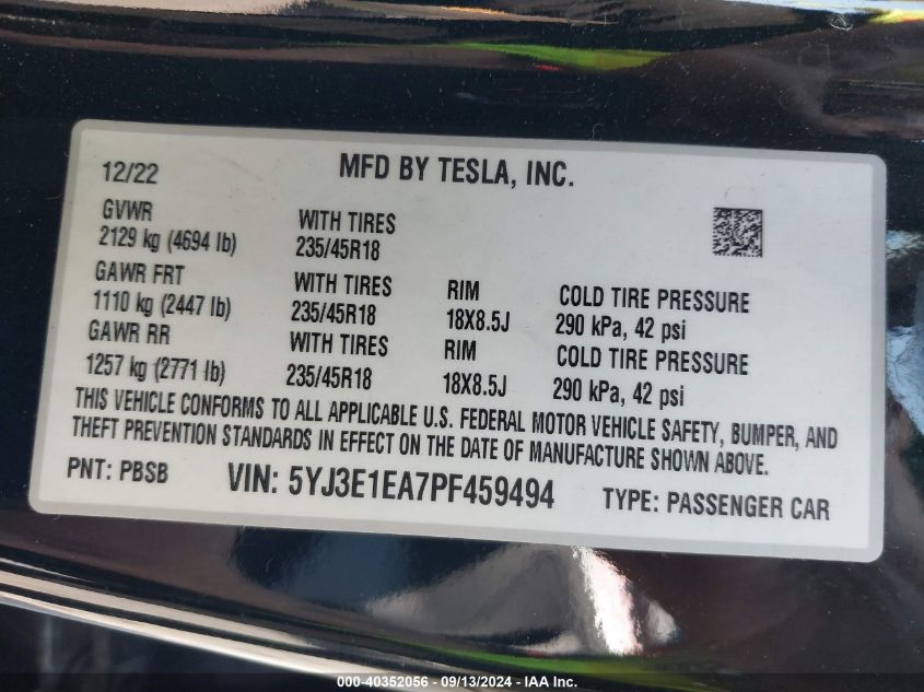 2023 TESLA MODEL 3 REAR-WHEEL DRIVE - 5YJ3E1EA7PF459494