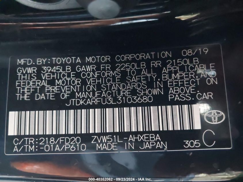 2020 Toyota Prius Le VIN: JTDKARFU3L3103680 Lot: 40352062