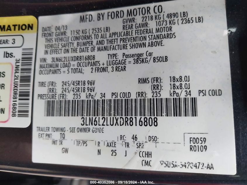 2013 Lincoln Mkz Hybrid VIN: 3LN6L2LUXDR816808 Lot: 40352086