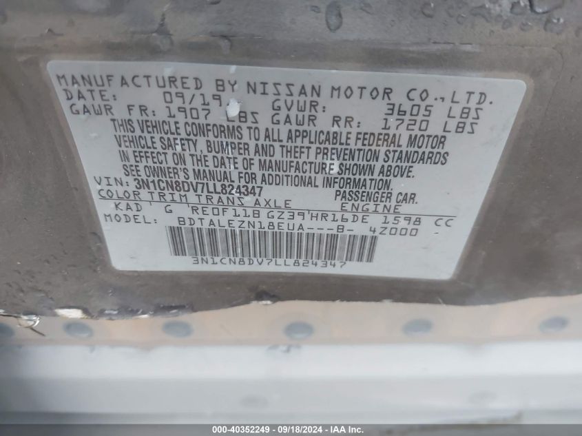 2020 Nissan Versa S Xtronic Cvt VIN: 3N1CN8DV7LL824347 Lot: 40352249