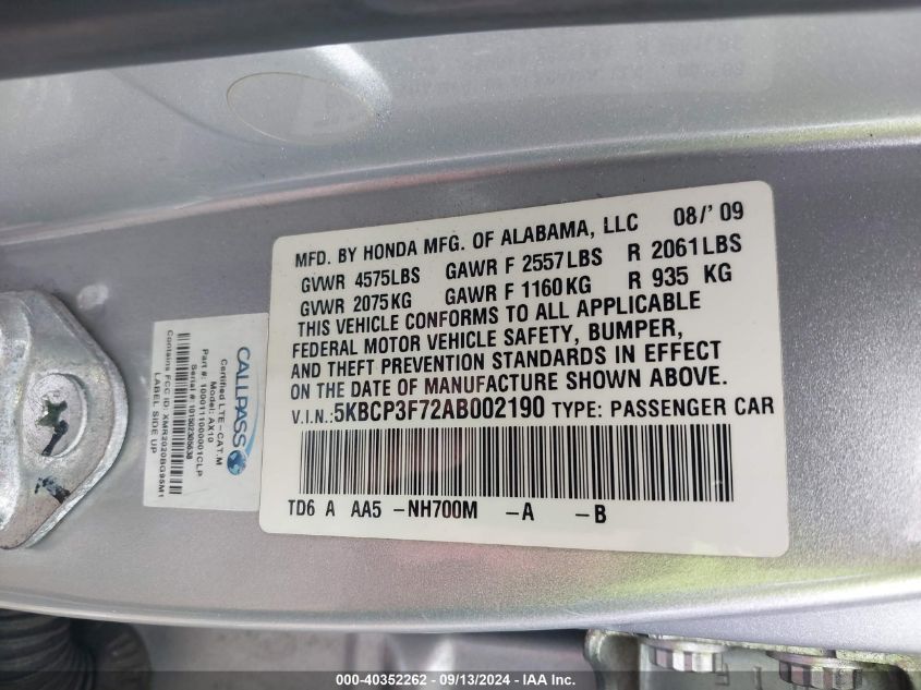 2010 Honda Accord 3.5 Ex VIN: 5KBCP3F72AB002190 Lot: 40352262