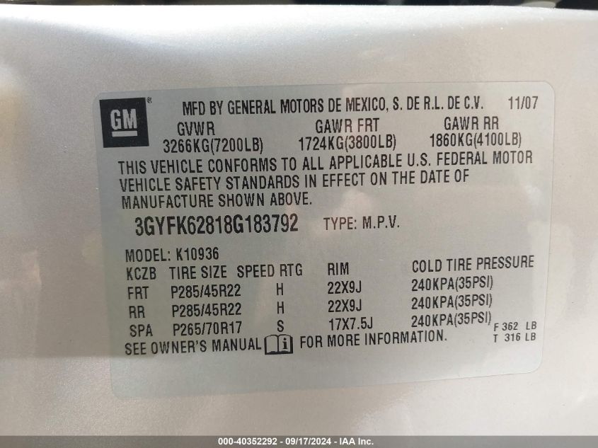 3GYFK62818G183792 2008 Cadillac Escalade Ext Standard