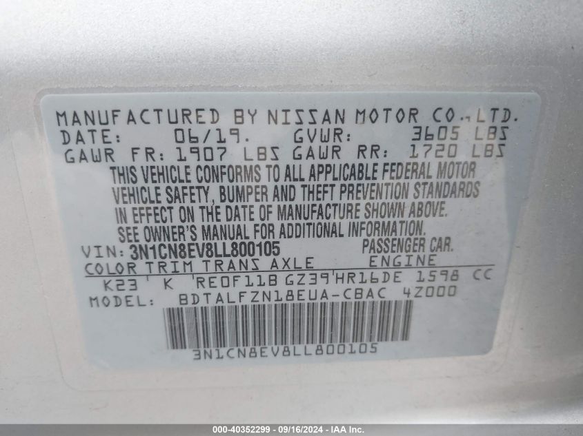 2020 Nissan Versa Sv Xtronic Cvt VIN: 3N1CN8EV8LL800105 Lot: 40352299