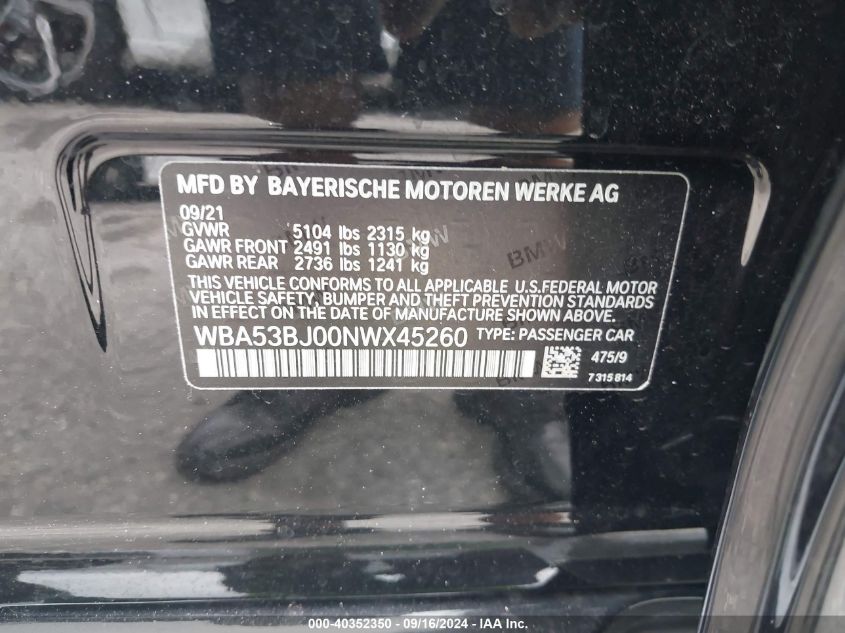 WBA53BJ00NWX45260 2022 BMW 540 I