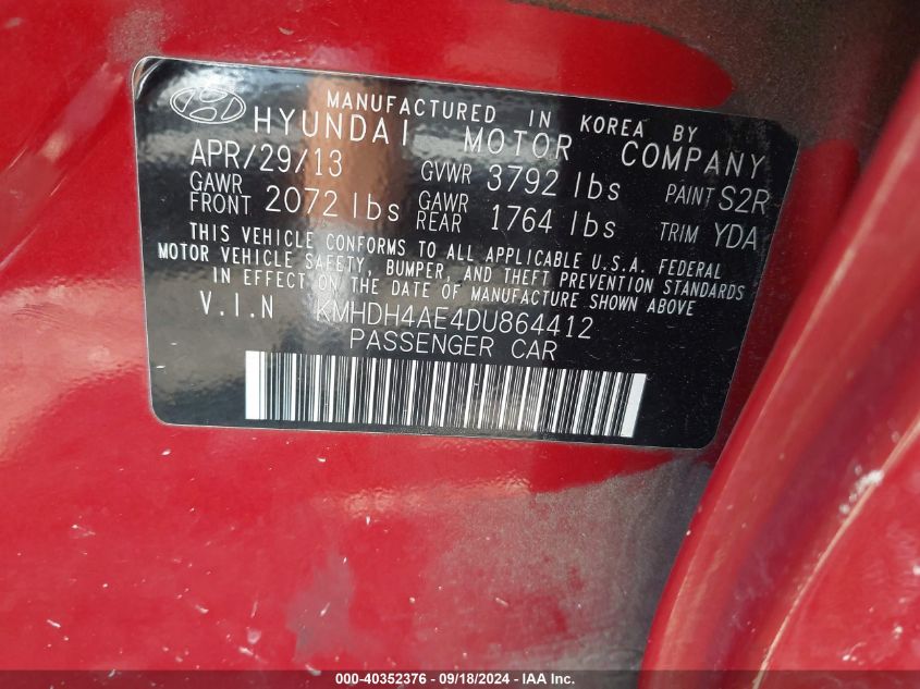 KMHDH4AE4DU864412 2013 Hyundai Elantra Gls