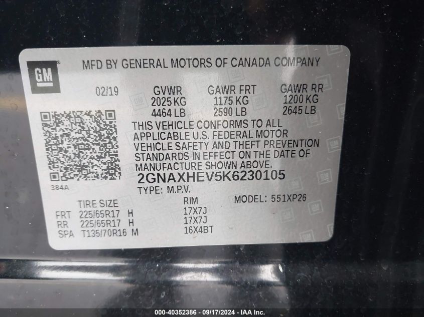 2GNAXHEV5K6230105 2019 Chevrolet Equinox Ls