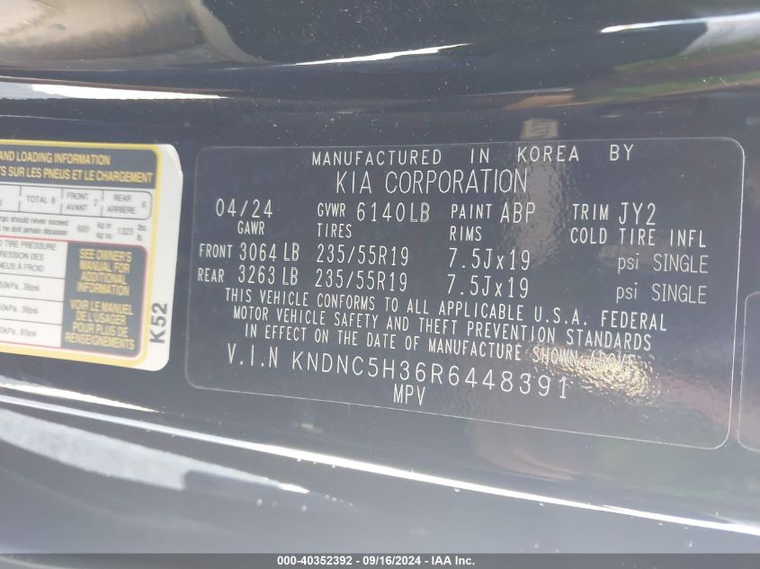 2024 Kia Carnival Mpv Ex VIN: KNDNC5H36R6448391 Lot: 40352392