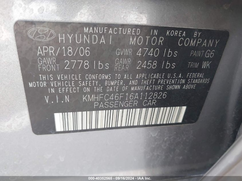 2006 Hyundai Azera Limited/Se VIN: KMHFC46F16A112826 Lot: 40352565