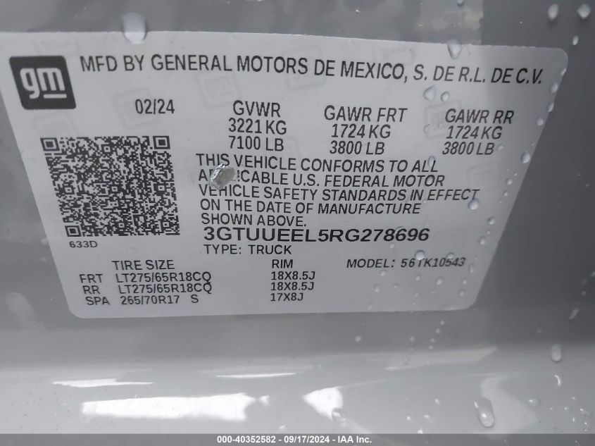 2024 GMC Sierra K1500 At4 VIN: 3GTUUEEL5RG278696 Lot: 40352582