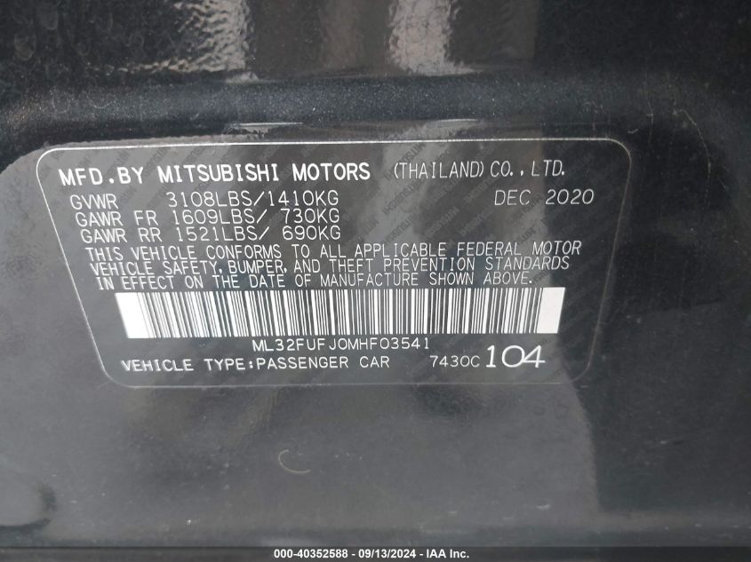 2021 Mitsubishi Mirage G4 Carbonite Edition/Es/Le VIN: ML32FUFJ0MHF03541 Lot: 40352588