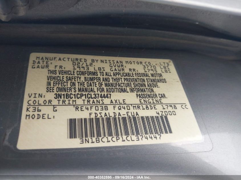 2012 Nissan Versa 1.8 S VIN: 3N1BC1CP1CL374447 Lot: 40352595