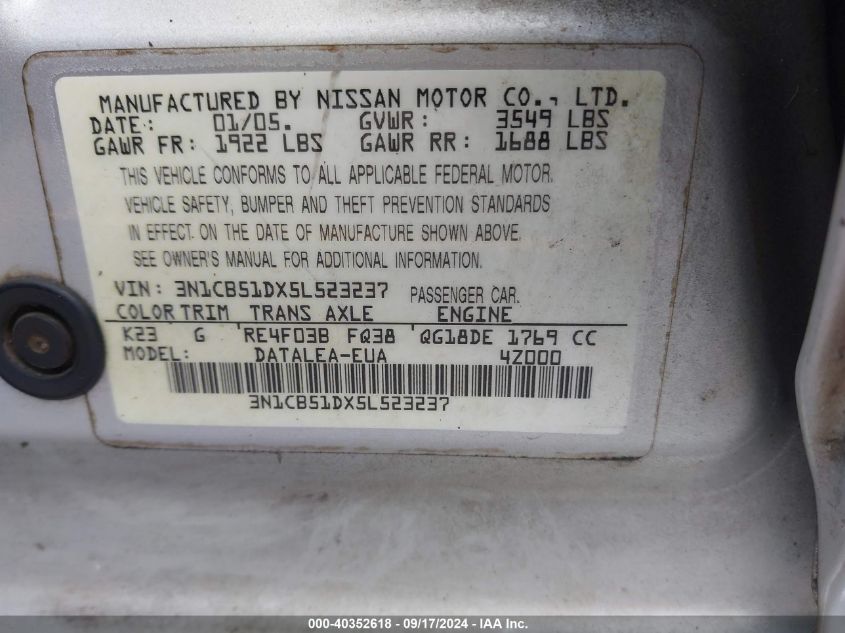 3N1CB51DX5L523237 2005 Nissan Sentra 1.8S