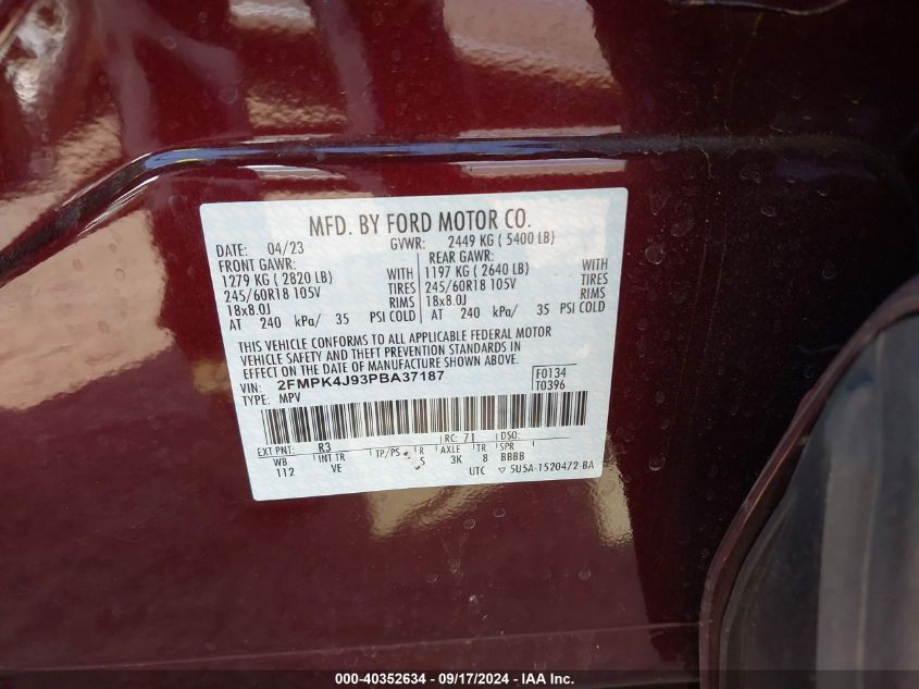 2023 Ford Edge Sel VIN: 2FMPK4J93PBA37187 Lot: 40352634