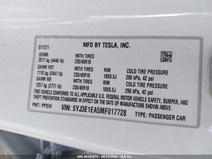 2021 Tesla Model 3 Standard Range Plus Rear-Wheel Drive VIN: 5YJ3E1EA5MF017728 Lot: 40352670