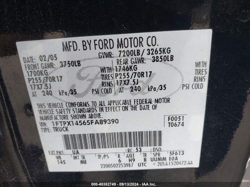 2005 Ford F-150 Fx4/Lariat/Xl/Xlt VIN: 1FTPX14565FA89390 Lot: 40352749