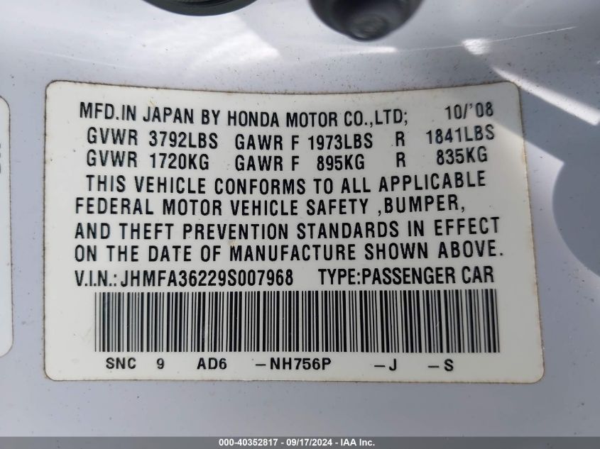 2009 Honda Civic Hybrid VIN: JHMFA36229S007968 Lot: 40352817