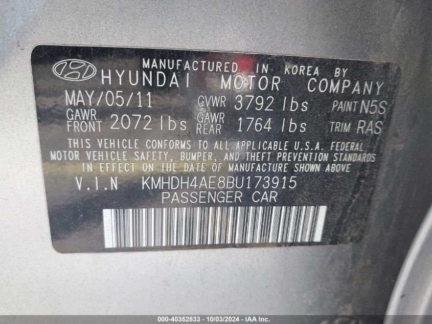 2011 Hyundai Elantra Limited (Ulsan Plant) VIN: KMHDH4AE8BU173915 Lot: 40352833