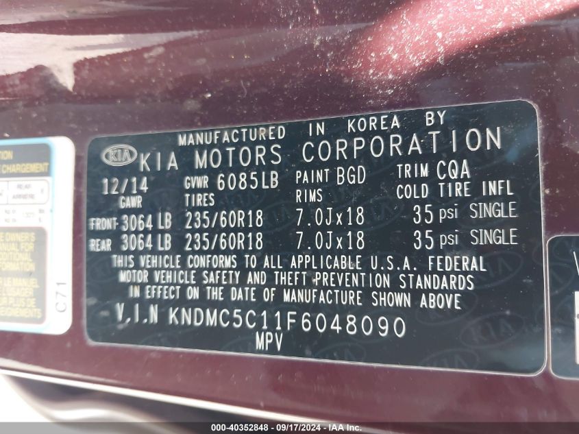 KNDMC5C11F6048090 2015 Kia Sedona Ex