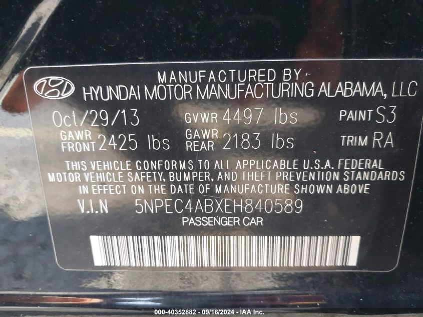 2014 Hyundai Sonata Limited 2.0T VIN: 5NPEC4ABXEH840589 Lot: 40352882